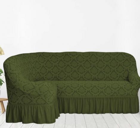 Чехол на 3-х местный угловой диван Karteks &quot;Классика&quot; с оборкой KAR 012-09, зелёный