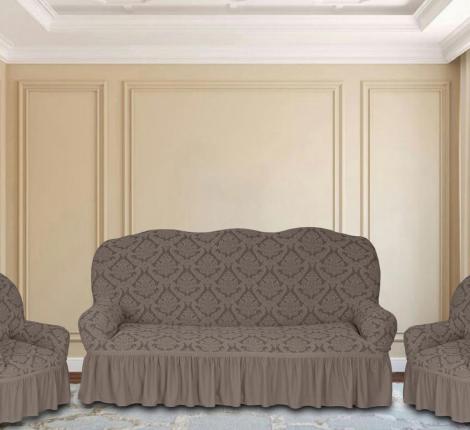 Комплект чехлов на 3-х местный диван и 2 кресла Karteks &quot;Классика&quot; с оборкой KAR 012-11, визон