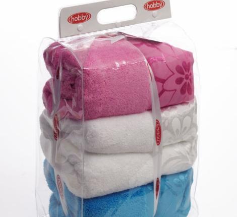 Комплект махровых полотенец 70x140*3 Hobby &quot;DORA&quot;, белый/розовый/бирюзовый