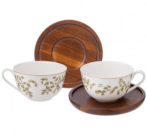 Чайный набор на деревянном блюдце &quot;БЕРЕЗКИ&quot; на 2 персоны, 4 предмета (300 мл)
