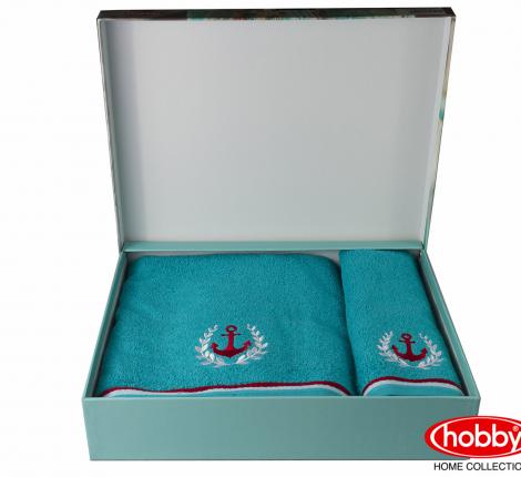 Комплект махровых полотенец с вышивкой 50x90+70x140 Hobby &quot;MARITIM&quot;, бирюзовый