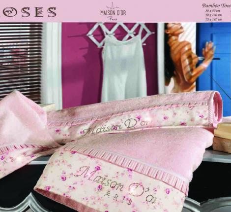 Комплект полотенец со стразами 30x50-50x100-70x140 Maison D'or &quot;ROSES&quot;, розовый