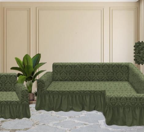 Чехол на 3-х местный угловой диван Karteks &quot;Классика&quot; с оборкой KAR 001-09, зелёный