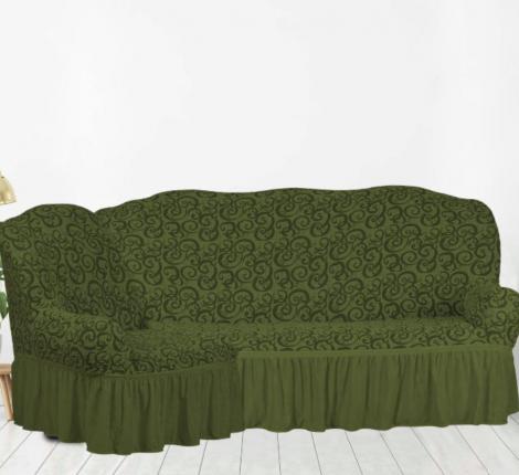 Чехол на 3-х местный угловой диван Karteks &quot;Классика&quot; с оборкой KAR 014-09, зелёный