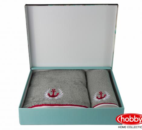 Комплект махровых полотенец с вышивкой 50x90+70x140 Hobby &quot;MARITIM&quot;, серый