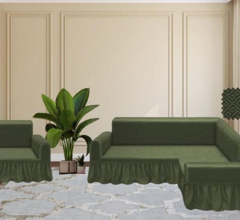 Комплект чехлов на 3-х местный угловой диван и кресло Karteks &quot;Классика&quot; с оборкой KAR 011-09, зелёный