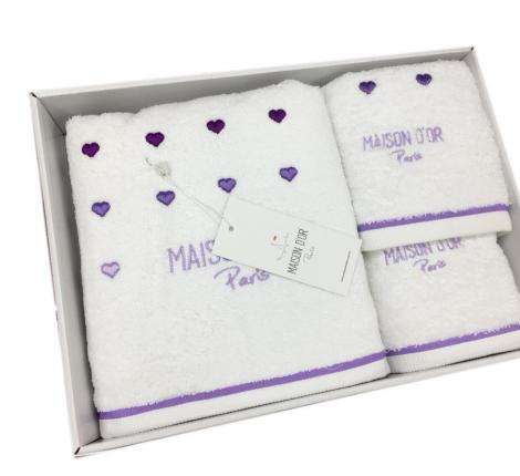 Комплект полотенец с вышивкой 32x50-50x100-70x140 Maison D'or &quot;CANDY LOVE&quot;, бело-сиреневый