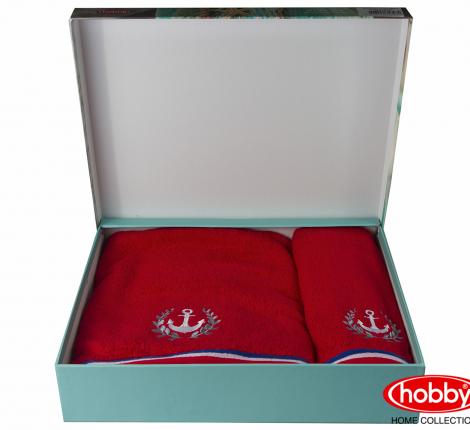 Комплект махровых полотенец с вышивкой 50x90+70x140 Hobby &quot;MARITIM&quot;, красный