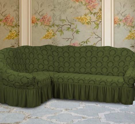 Чехол на 3-х местный угловой диван Karteks &quot;Классика&quot; с оборкой KAR 007-09, зелёный