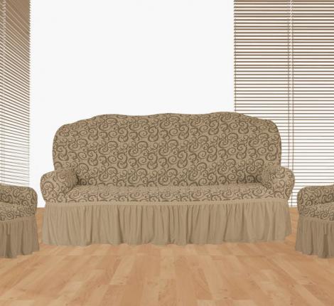 Комплект чехлов на 3-х местный диван и 2 кресла Karteks &quot;Классика&quot; с оборкой KAR 014-03, бежевый