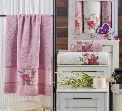 Комплект махровых полотенец &quot;MERZUKA&quot; (50x90/2)(70х140/1) 3 шт. DREAMS FLOWER, светло-розовый