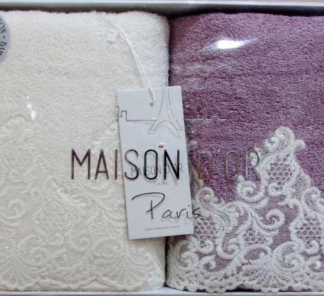 Комплект полотенец с кружевом 50x100*2. Maison D'or &quot;JASMIN&quot;, фиолетовый/крем