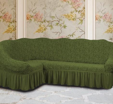 Чехол на 3-х местный угловой диван Karteks &quot;Классика&quot; с оборкой KAR 002-09, зелёный