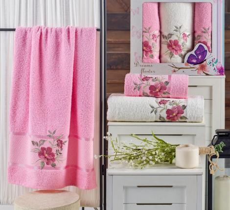 Комплект махровых полотенец &quot;MERZUKA&quot; (50x90/2)(70х140/1) 3 шт. DREAMS FLOWER, розовый