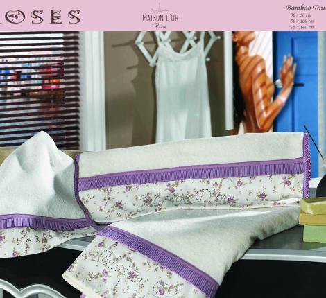 Комплект полотенец со стразами 30x50-50x100-70x140 Maison D'or &quot;ROSES&quot;, крем/фиолетовый