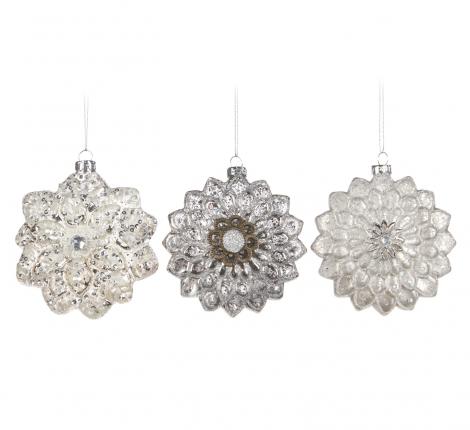 Ёлочные игрушки стеклянные 3 шт. "СНЕЖИНКИ" (серебро), диаметр 10 см
