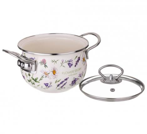 Кастрюля эмалированная со стеклянной крышкой "FLOWER STORY", 1,5 л