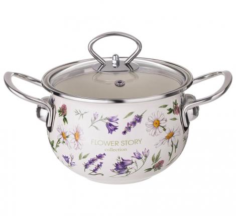Кастрюля эмалированная со стеклянной крышкой "FLOWER STORY", 1,5 л