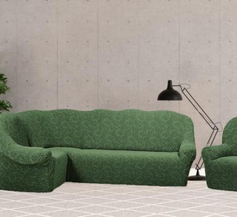 Комплект чехлов на 3-х местный угловой диван и кресло Karteks "Классика" с оборкой KAR 008-09, зелёный