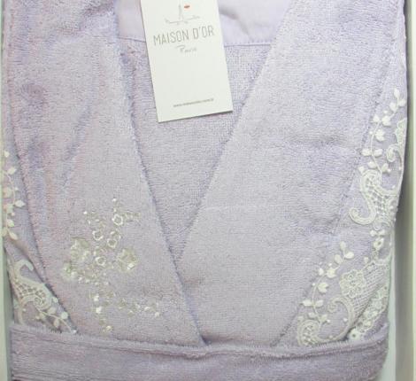 Халат женский махровый с кружевом Maison D'or "NERIA" (сиреневый), M(46)-L(48)