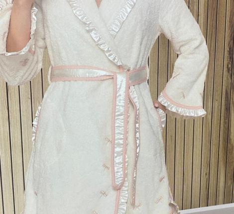 Халат женский махровый с тапочками Maison D'or "LOVE AZZURES" (кремовый), XS(42)-S(44)