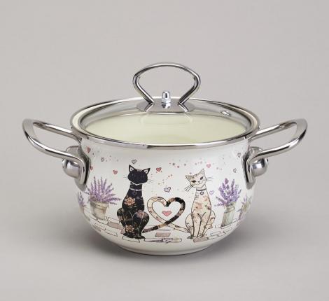 Кастрюля эмалированная со стеклянной крышкой "LAVANDER CATS", 1,5 л