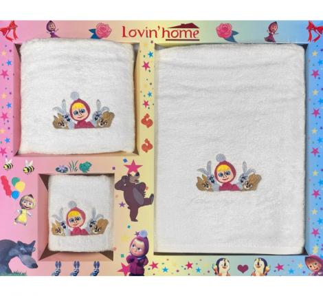 Набор бамбуковых полотенец "LOVIN HOME" Маша и медведь 3шт.(30*50, 50*90, 70*140), белка+заяц