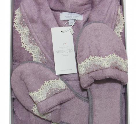 Халат женский махровый с тапочками Maison D'or "VANESSA LONG" (фиолетовый), XL(50)-XXL(52)
