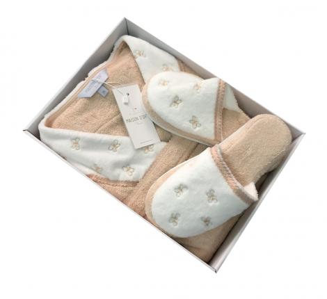 Халат женский махровый с тапочками Maison D'or "LAVOINE LONG BUTTEFLY" (пудра), XL(50)-XXL(52)