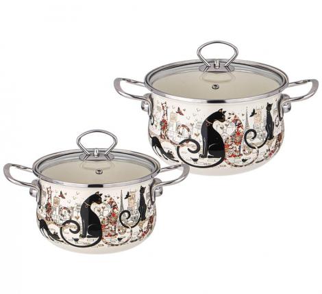 Набор эмалированных кастрюль с крышкой "ПАРИЖСКИЕ КОТЫ", на 4 предмета