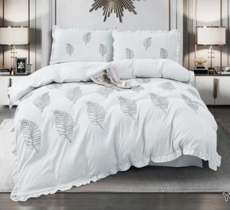 Постельное бельё c одеялом EFOR SATEN с вышивкой "ЛИСТОК" (светло-серый), Евро