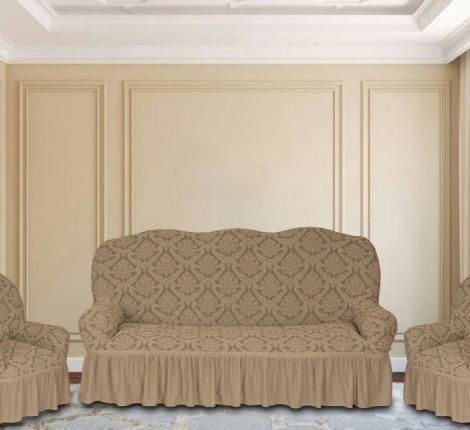 Комплект чехлов на 3-х местный диван и 2 кресла Karteks &quot;Классика&quot; с оборкой KAR 012-03, бежевый
