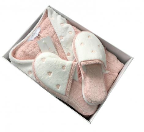 Халат женский махровый с тапочками Maison D'or "LAVOINE LONG HEARTS" (пыльная роза), XS(42)-S(44)