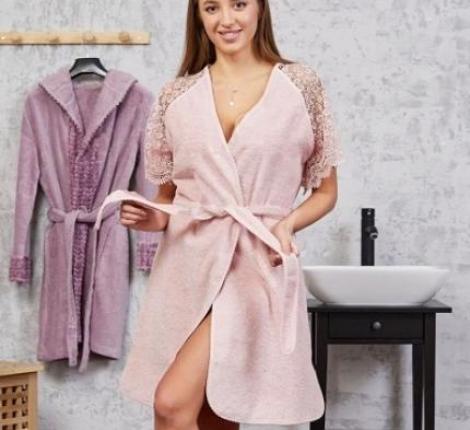 Халат женский махровый с кружевом Maison D'or "JOSEPHINE" (пыльная роза), XS(42)-S(44)