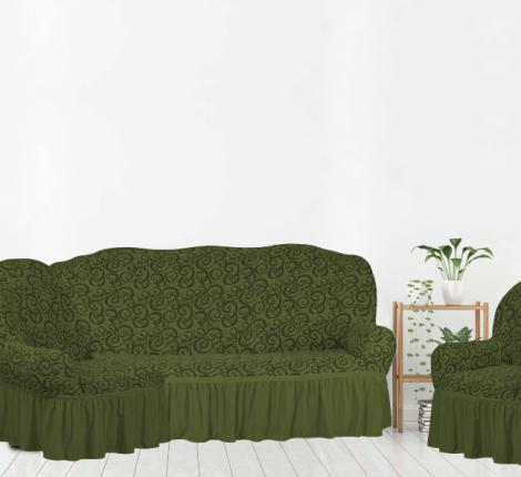 Комплект чехлов на 3-х местный угловой диван и кресло Karteks &quot;Классика&quot; с оборкой KAR 014-09, зелёный