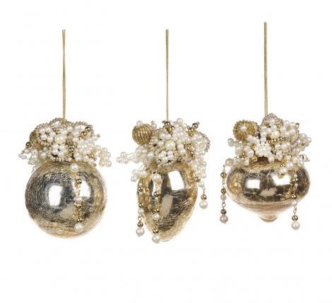 Шарики стеклянные 3 шт. на ёлку "GOODWILL" с верхушкой из бусин (золотой), диаметр 9 см