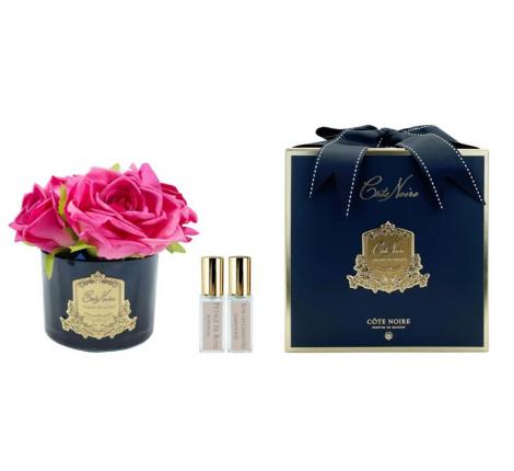 Букет ароматизированный из 5 роз "COTE NOIRE" (ярко-розовый), черная ваза серебро, 2 спрея по 5 мл