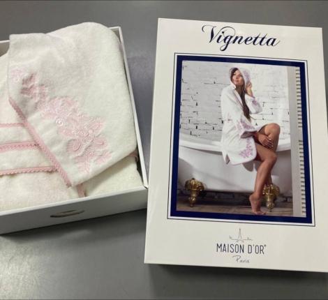 Халат женский махровый с капюшоном Maison D'or "VIGNETTA" (кремовый/пыльная роза), XS(42)-S(44)