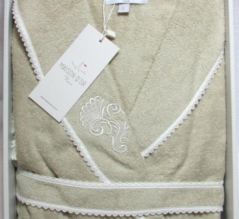 Халат махровый "Maison D'or" GLORIA(бежевый) с кружевом, XS(42)/S(44)