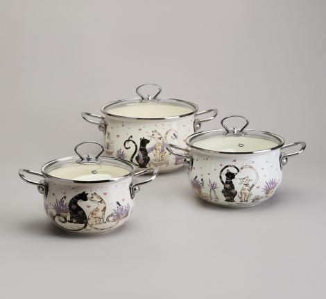 Набор эмалированных кастрюль с крышкой "LAVANDER CATS", 6 предметов