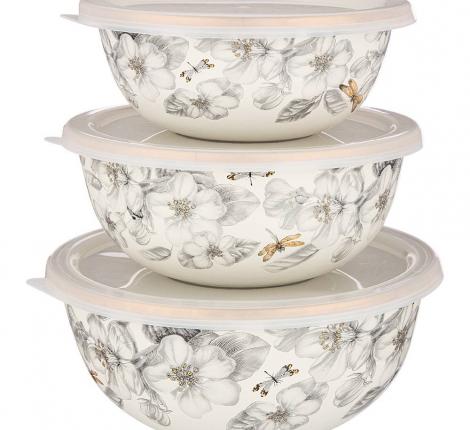 Набор эмалированных мисок 3 шт. с крышкой "ЯБЛОНЕВЫЙ САД", 6 предметов