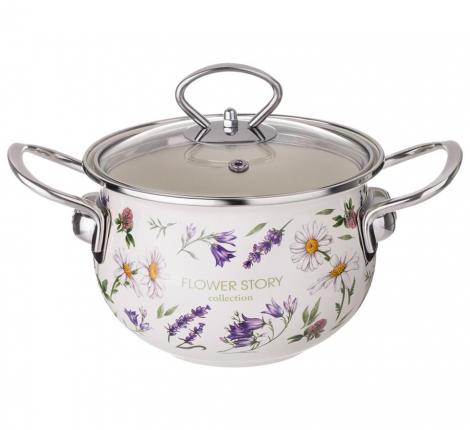 Кастрюля эмалированная со стеклянной крышкой "FLOWER STORY", 2,0 л