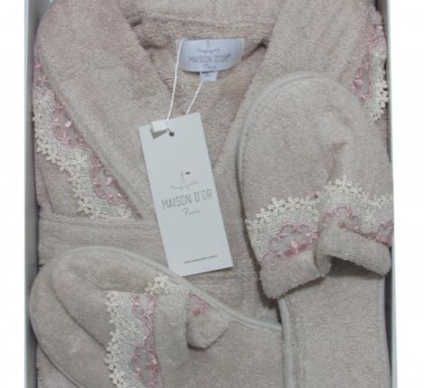 Халат женский махровый с тапочками Maison D'or "VANESSA LONG" (бежевый), XS(42)-S(44)