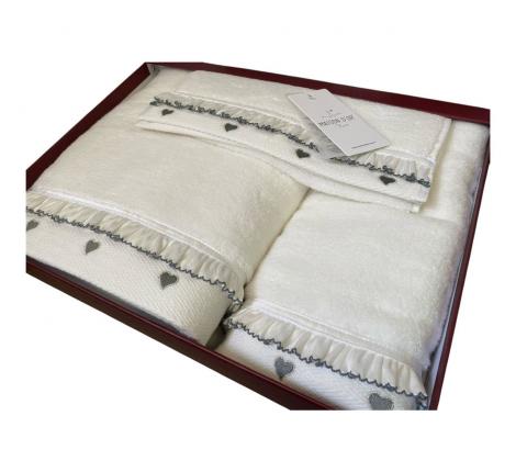 Комплект махровых полотенец 30x50-50x100-85x150 Maison D'or "RUFFLE LOVE", кремовый/серый