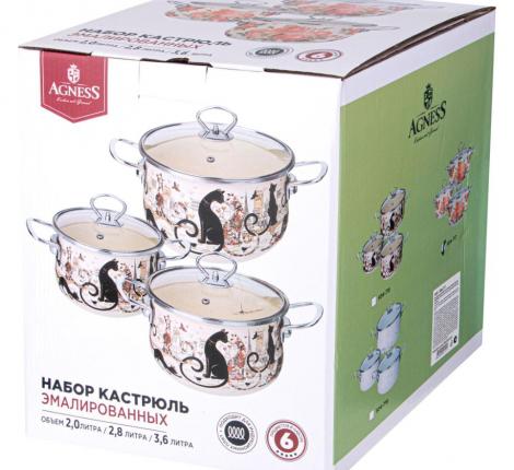 Набор эмалированных кастрюль с крышкой "ПАРИЖСКИЕ КОТЫ", 6 предметов