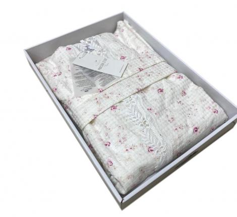 Халат женский вафельный с капюшоном Maison D'or "ROSES ESTEE" (кремовый/розовый), M(46)/L(48)