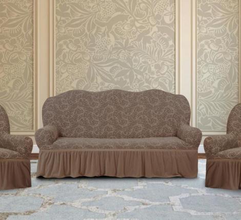 Комплект чехлов на 3-х местный диван и 2 кресла Karteks &quot;Классика&quot; с оборкой 008-05, светло-коричневый