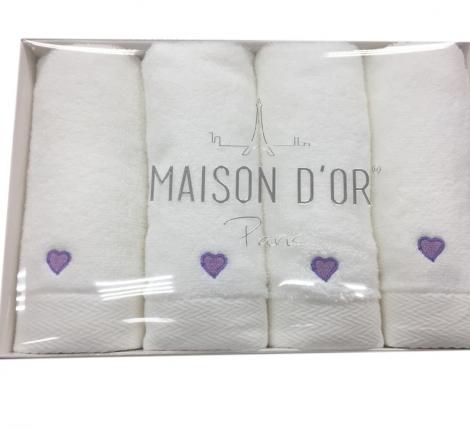 Салфетки махровые с вышивкой Maison D'or "SOFT HEARTS" 30х50-4шт., белый/сиреневый