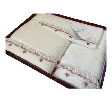 Комплект полотенец с кружевом 30x50-50x100-85x150 Maison D'or "RUFFLE LOVE", кремовый/фиолетовый