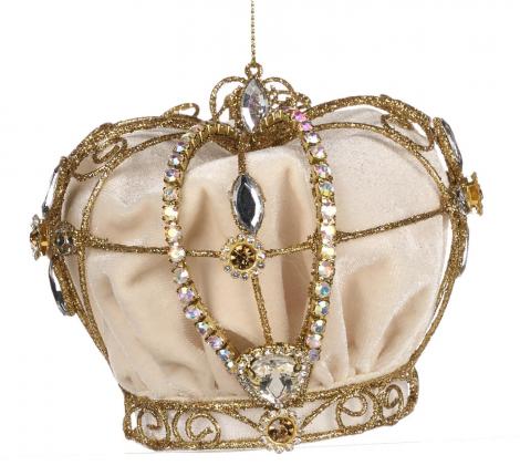Ёлочная игрушка вельветовая "КОРОНА" кремовая с золотом, длина 11,5 см